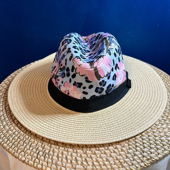New Lucky 7 Blue & Pink Floral Animal Print Black  Ribbon Wide Brim Sun Hat - Picture 1 of 8